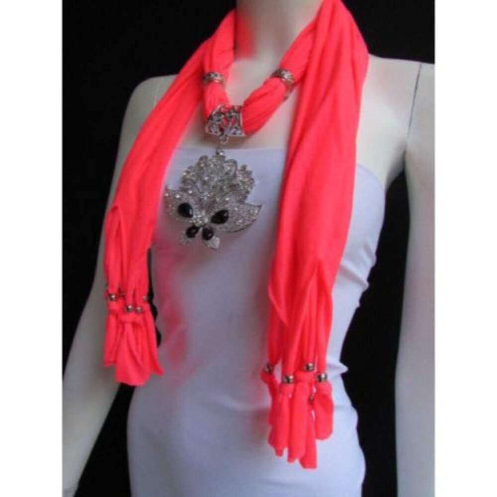 Bright Coral Scarf Silver Flowers Butterfly Pendant Women Fashion